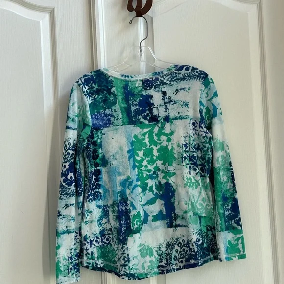 Chico's Weekend Blue and Green Patterned Blouse - Picture 2 of 5
